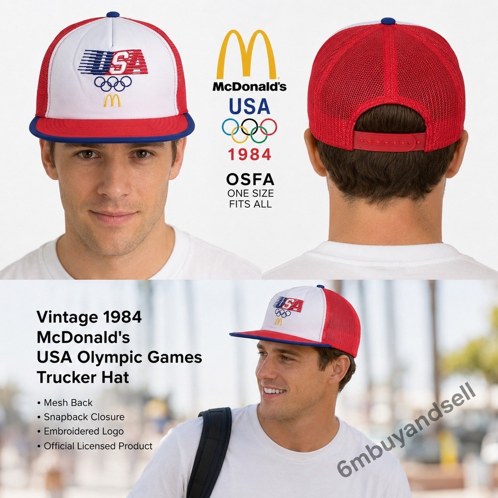 Vintage 1984 McDonalds USA Olympic Games Trucker Hat Snapback Red White Blue